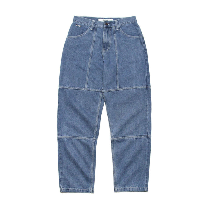 HEAVIES BERN DOUBLE KNEE JEANS, blue washed baggy fit with double knee stitching, heavyweight cotton-polyester denim.
