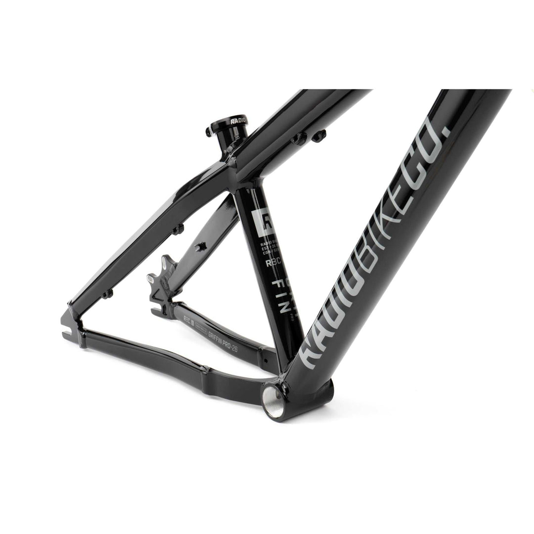 Close-up of black RADIO GRIFFIN PRO hydroformed BMX bike frame with lightweight 6061-T6 alloy tubing and RADIO BIKE CO branding