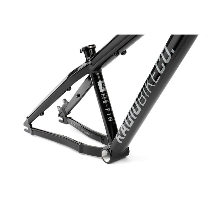 Close-up of black RADIO GRIFFIN PRO hydroformed BMX bike frame with lightweight 6061-T6 alloy tubing and RADIO BIKE CO branding