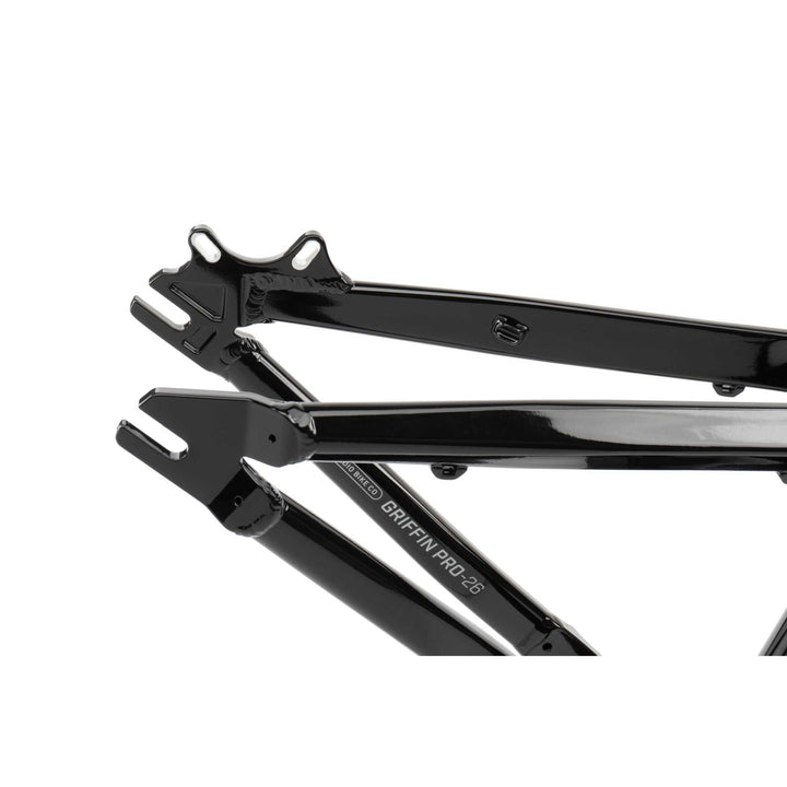 Close-up of black RADIO GRIFFIN PRO hydroformed aluminum BMX bike frame with gyro/rotor tab holes and Crankstopper bolt system.