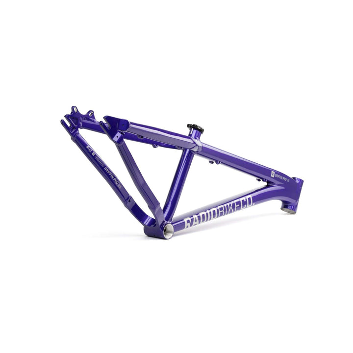 Purple Radio Griffin Pro BMX frame with hydroformed 6061-T6 alloy tubing and CNC machined components for dirt and slopestyle competition