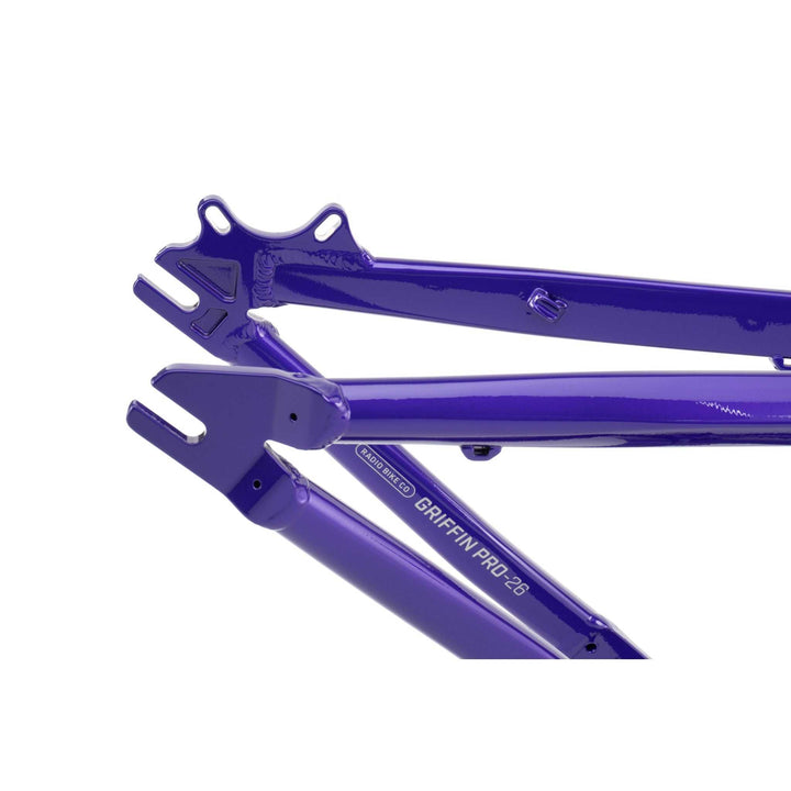 Close-up of the purple RADIO GRIFFIN PRO hydroformed BMX frame rear triangle with disc brake mount and dropout slots.