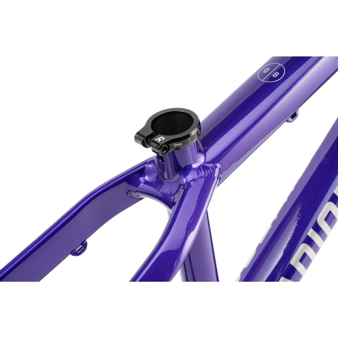 Close-up of purple RADIO GRIFFIN PRO hydroformed BMX bike frame with crankstopper bolt system and gyro tab holes.