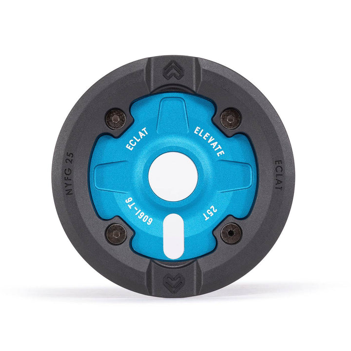 Eclat Elevate Guard Sprocket with blue nylon fiberglass guard and black alloy base, 25t size, durable and replaceable design for BMX grinding.