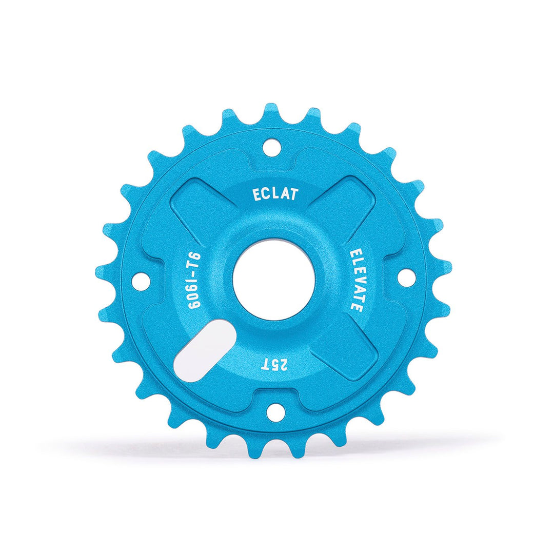 Blue Eclat Elevate Guard Sprocket made of 6061-T6 alloy with integrated nylon fiberglass guard, 25 tooth size, designed for durability and grind performance