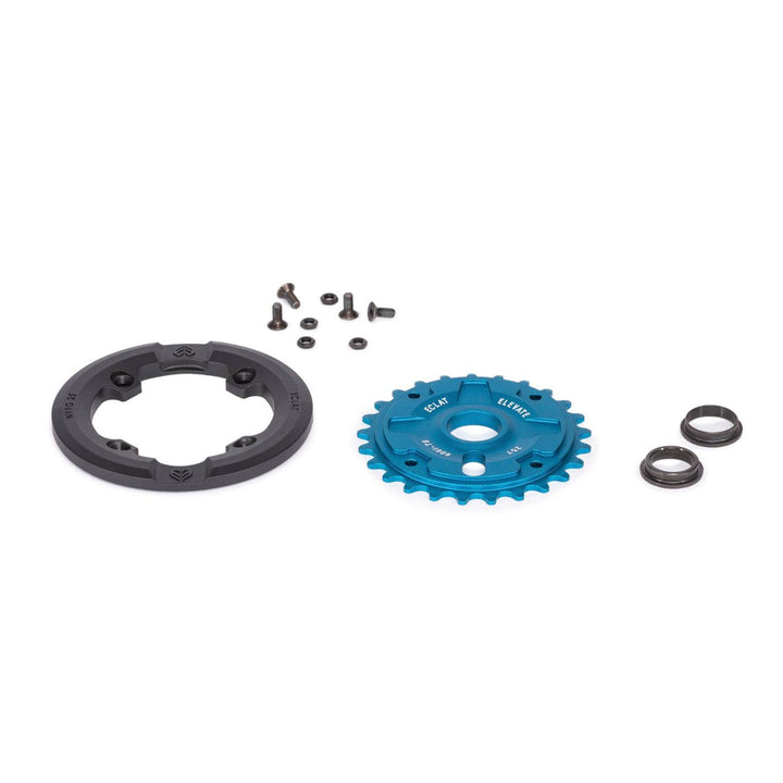 Blue Eclat Elevate Guard Sprocket with black nylon fiberglass bash guard and mounting hardware for BMX bikes