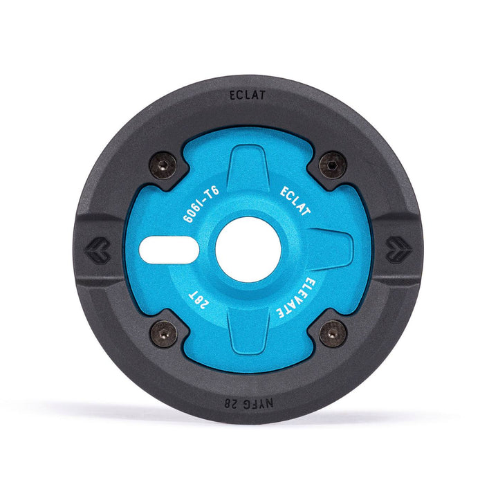 Blue and black Éclat Elevate Guard Sprocket with nylon fiberglass bash guard and 6061-T6 alloy core, 28 teeth design.