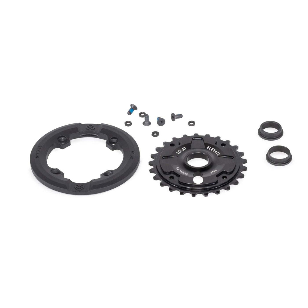 Black ÉCLAT Elevate Guard Sprocket set with nylon fiberglass bash guard and mounting hardware for BMX bike