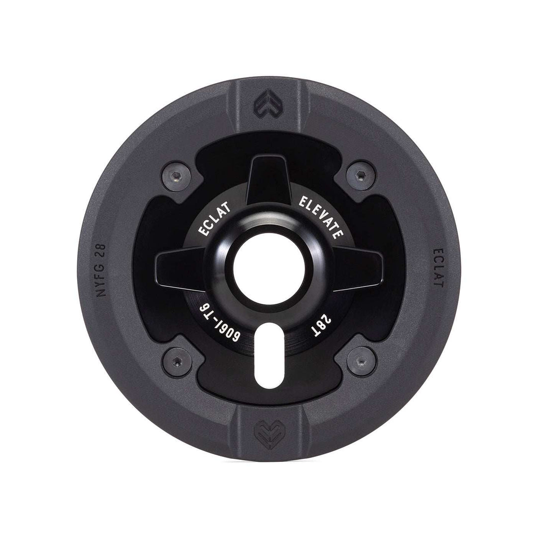 Black Éclat Elevate Guard Sprocket with integrated nylon fiberglass bash guard and 28 teeth for BMX bikes