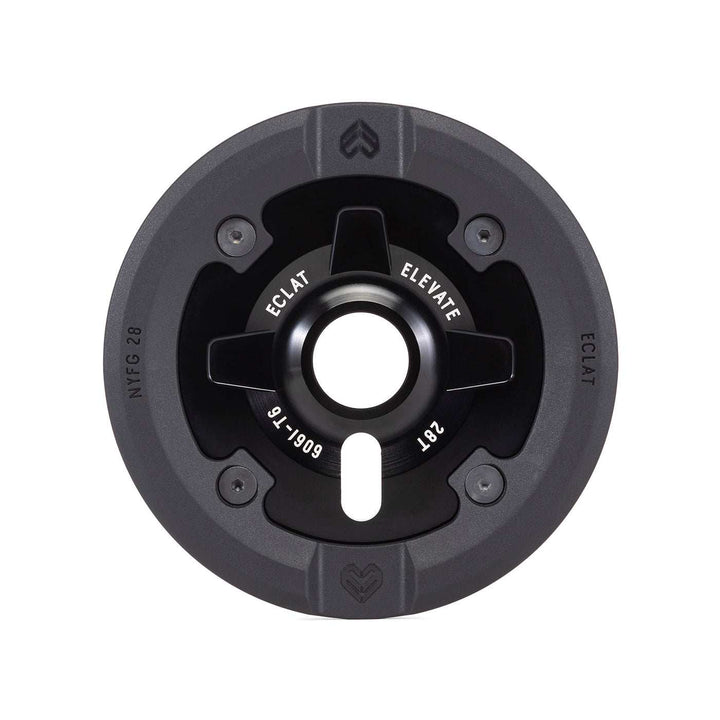 Black Éclat Elevate Guard Sprocket with integrated nylon fiberglass bash guard and 28 teeth for BMX bikes