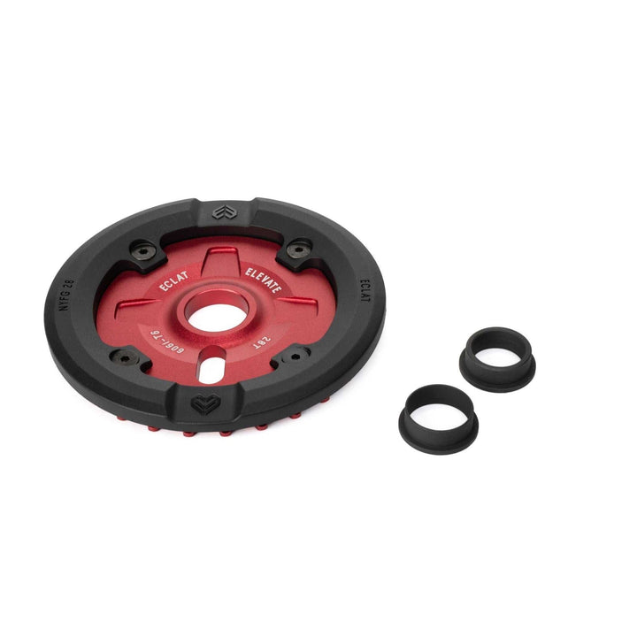 Red and black Éclat Elevate Guard Sprocket with replaceable nylon fiberglass guard and two black adapters.