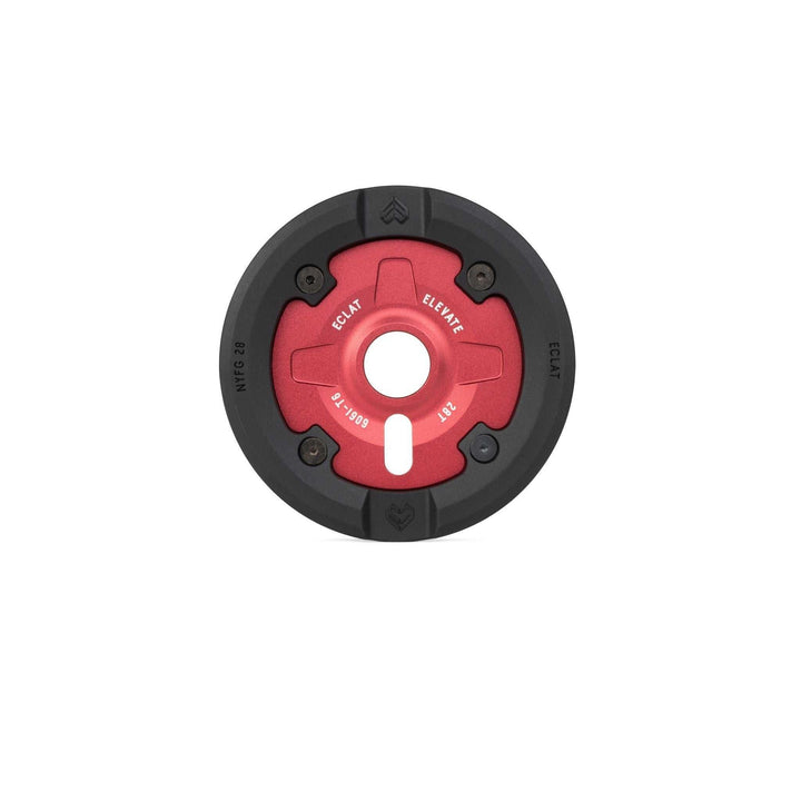 Elevate Guard Sprocket in red and black with nylon fiberglass guard, 6061-T6 alloy, 28 teeth, durable and friction-free grinding design