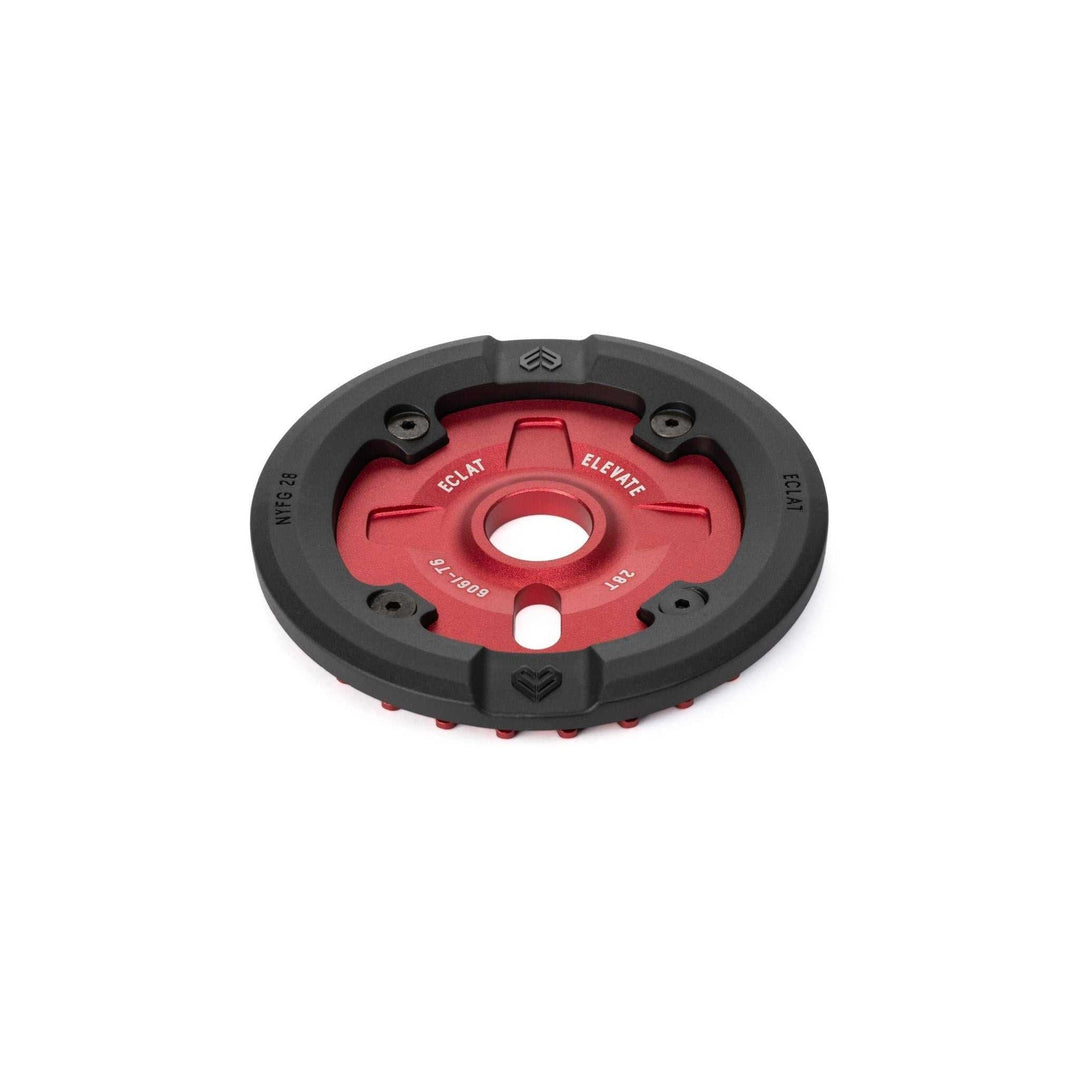 Éclat Elevate Guard Sprocket with nylon fiberglass guard, solid 6061-T6 alloy, available in 25t and 28t, designed for durable, low-friction grinding and superior chain alignment.