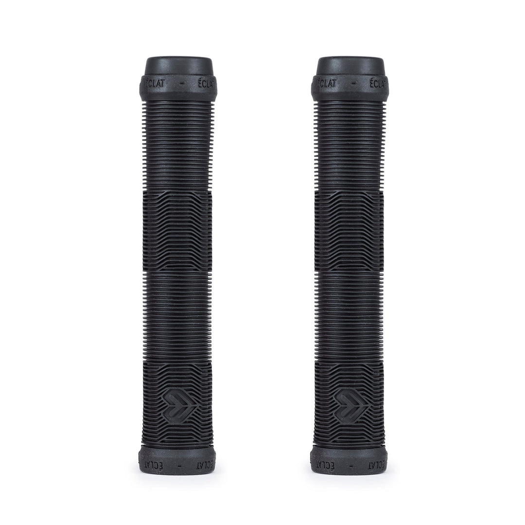 Pair of black ÉCLAT PULSAR GRIP flangeless mushroom style bike grips with ribbed texture made from super soft ODI rubber