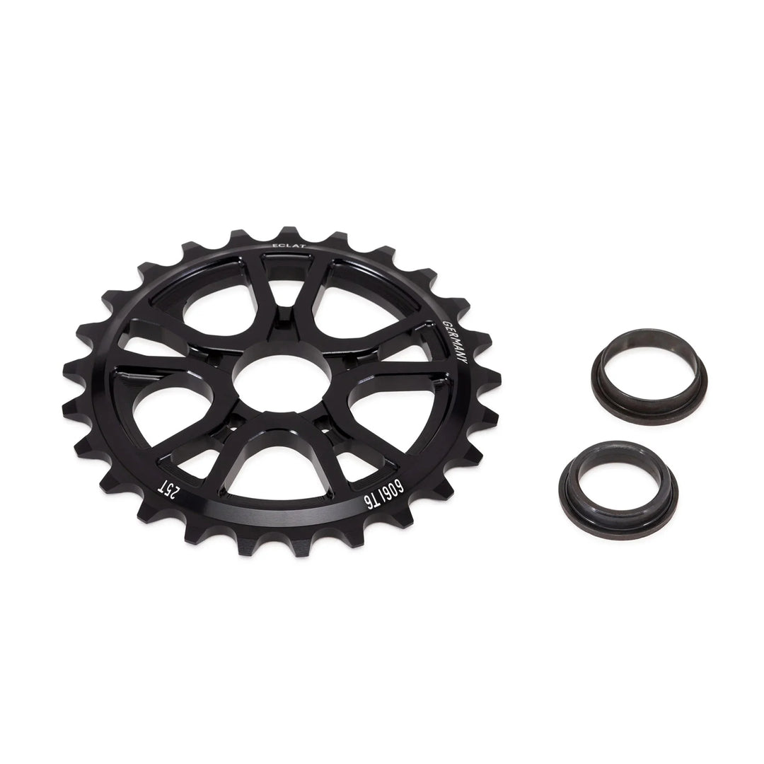 ÉCLAT RS SPROCKET, CNC machined 6061-T6 alloy, includes adaptors for 19mm, 22mm, 24mm spindles, intricate design.