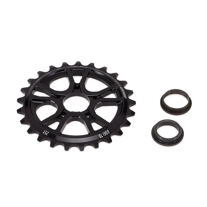 ÉCLAT RS SPROCKET, CNC machined 6061-T6 alloy, includes adaptors for 19mm, 22mm, 24mm spindles, intricate design.