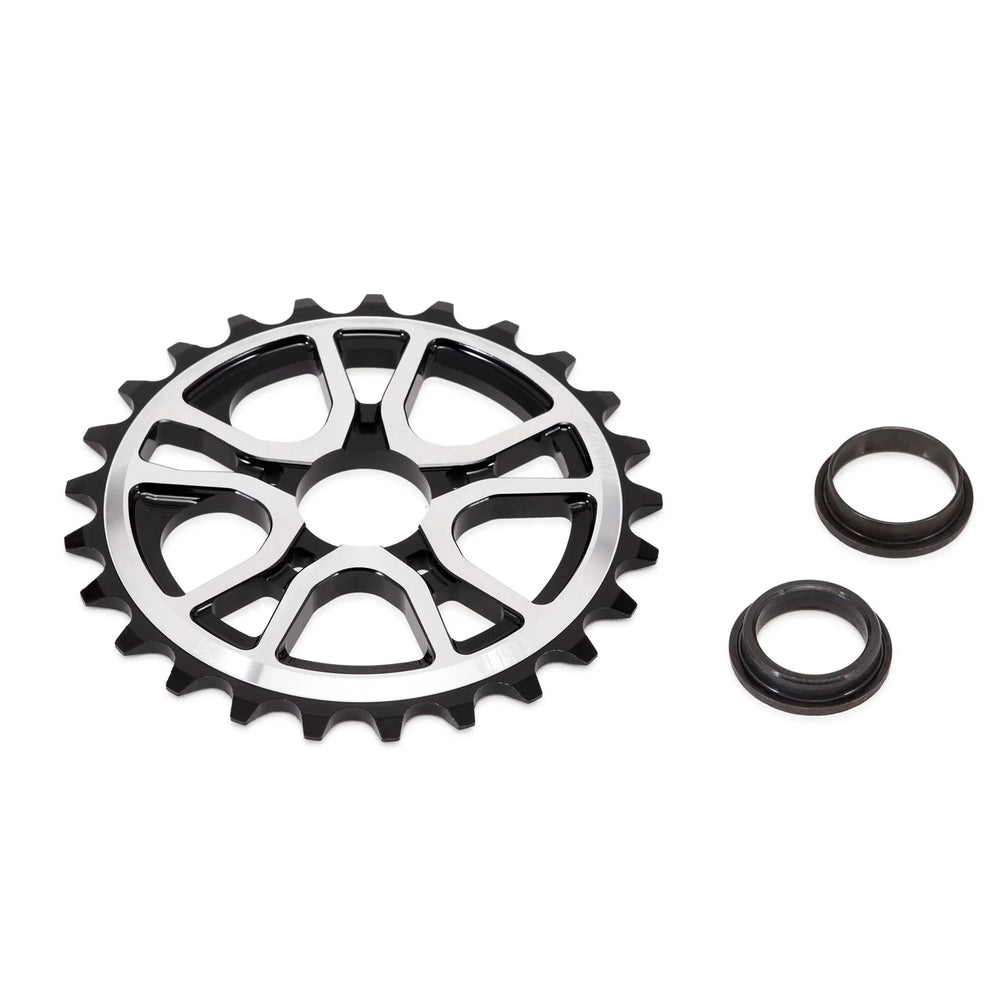 ÉCLAT RS Sprocket with CNC machined 6061-T6 alloy, unique 5-spoke design, and spindle adaptors.