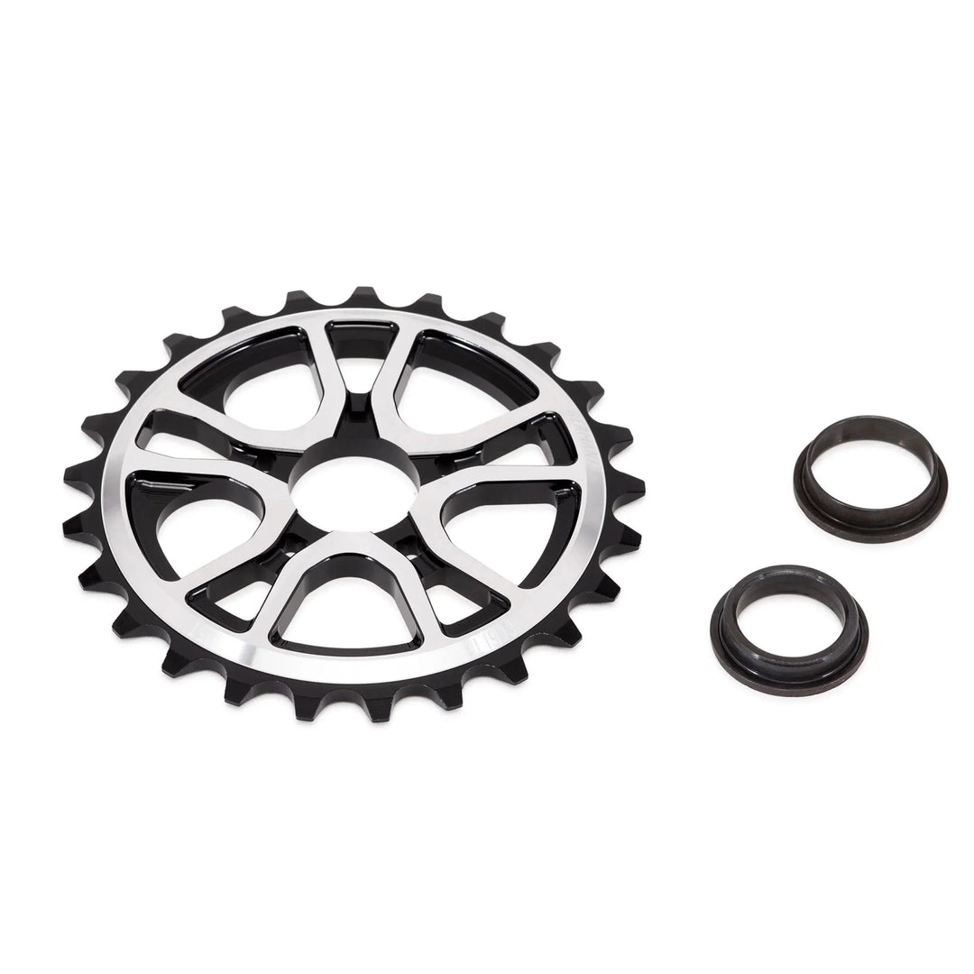 ÉCLAT RS Sprocket with CNC machined 6061-T6 alloy, unique 5-spoke design, and spindle adaptors.