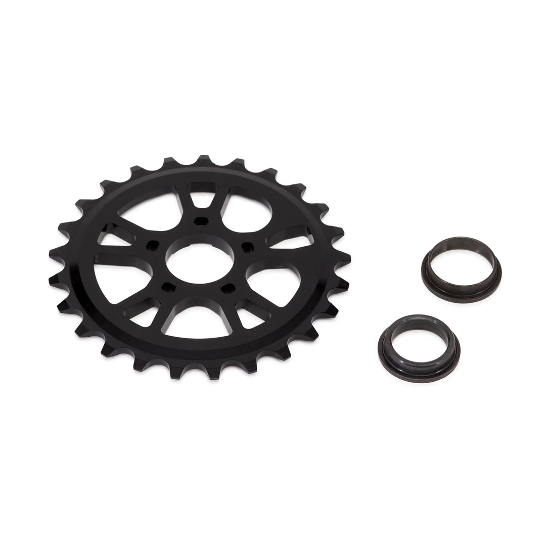 ÉCLAT RS SPROCKET in black with adaptors, CNC machined 6061-T6 alloy, 5-spoke design, 25t option shown.