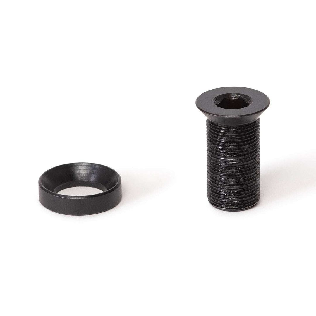 Black ÉCLAT Tibia crank bolt and washer made from durable 4130 chromoly steel for bike cranks.