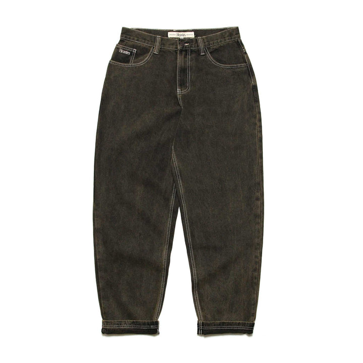 HEAVIES Classic Brown Washed Jeans, baggy fit, tapered leg, heavyweight denim.