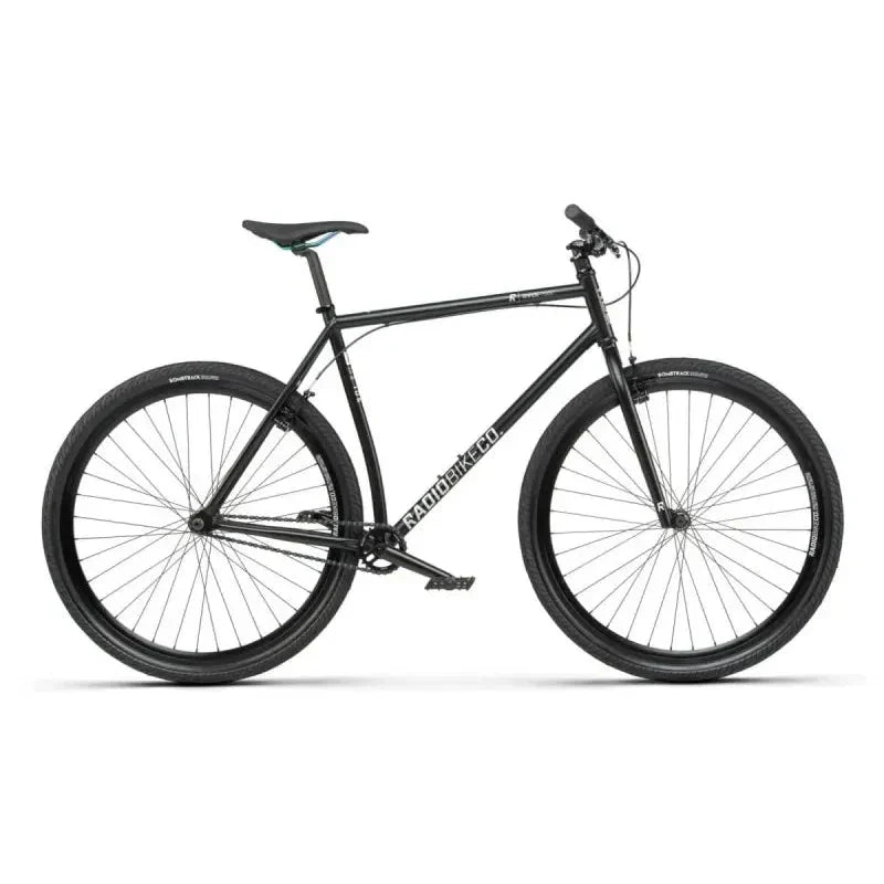 Black RADIO DIVIDE COMPLETE BIKE city bike with 700c wheels and street tough frame