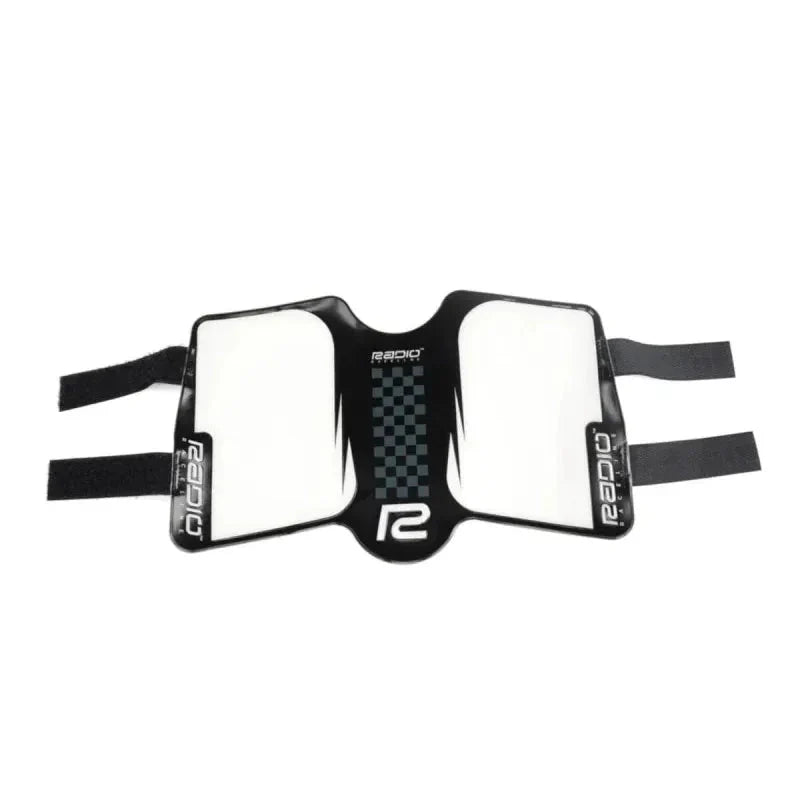 Radio Raceline Side Plate with durable polyester and sponge rubber backing, featuring black and white design with Velcro straps for easy mounting.