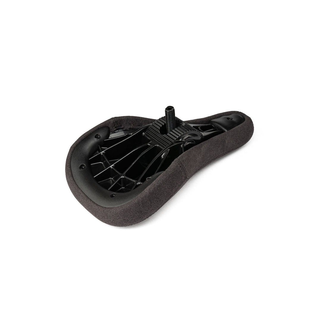 Black SALTPLUS PIVOTAL SEAT with embossed top cover and plastic bumpers, compatible with Pivotal seat posts.