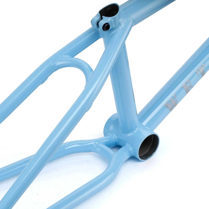 Light blue WETHEPEOPLE MESSAGE FRAME BMX bike frame made of lightweight 4130 chromoly tubing with technical ramp setup features.