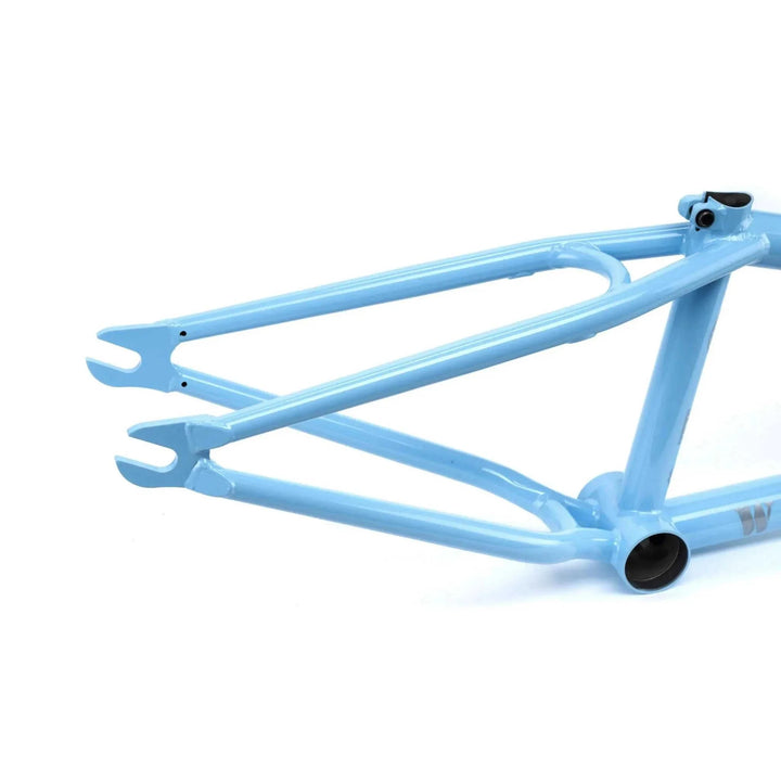 Lightweight WETHEPEOPLE MESSAGE FRAME BMX bike frame in light blue, made from butted Japanese seamless 4130 chromoly tubing with durable park and technical riding design.