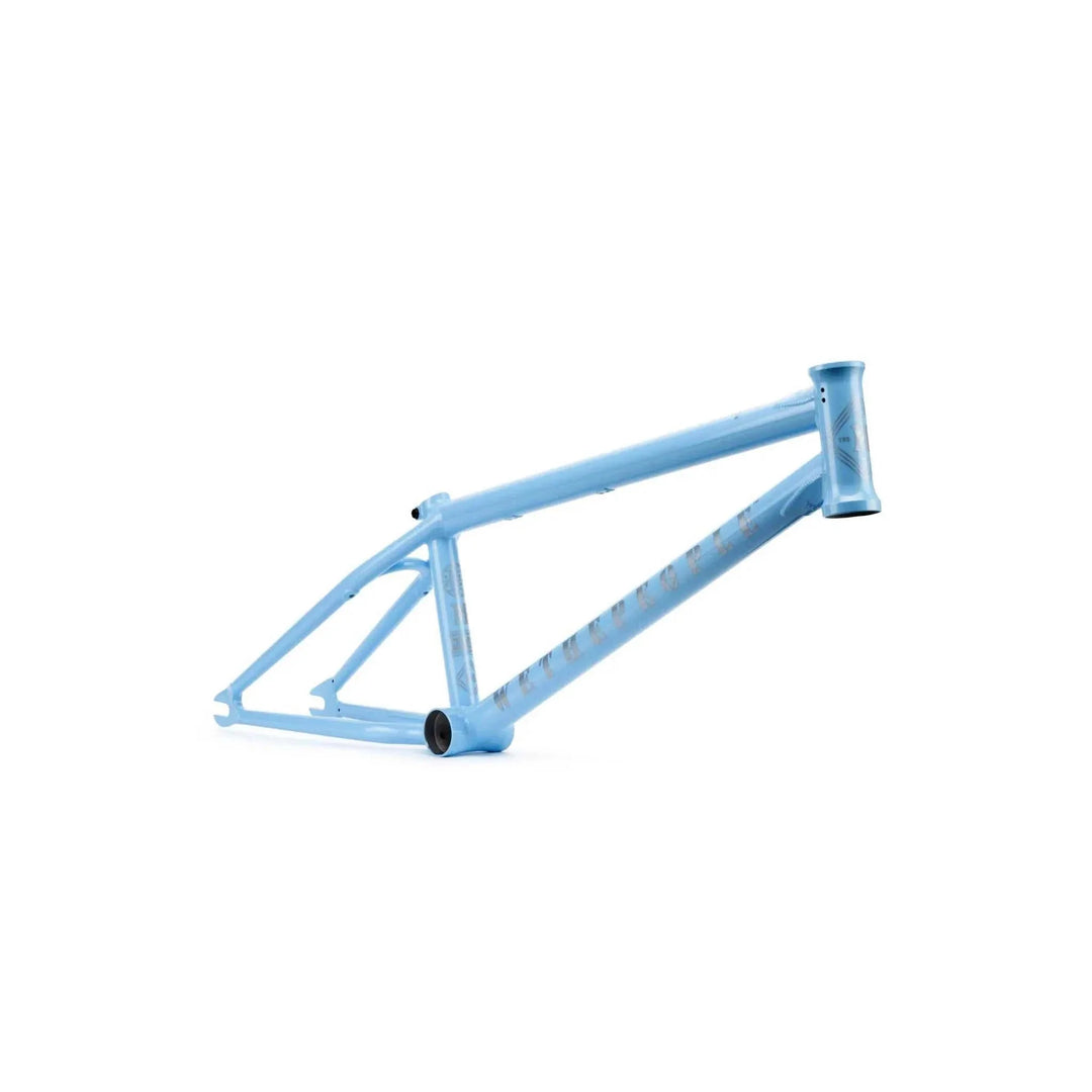 Lightweight WETHEPEOPLE MESSAGE FRAME BMX bike frame in blue, made from butted Japanese 4130 crmo tubing, designed for technical park riding.
