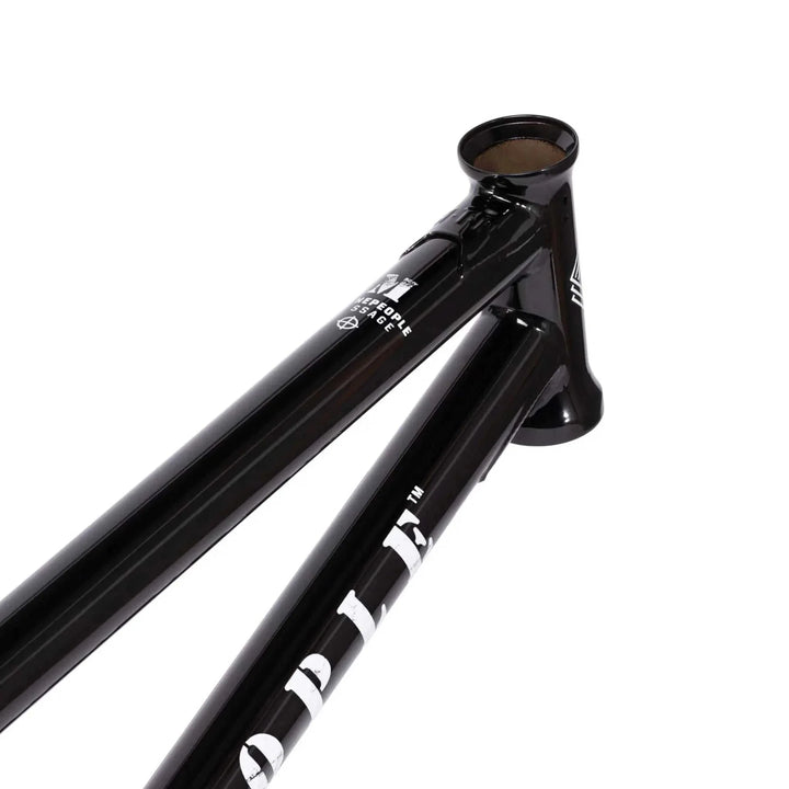 Black WETHEPEOPLE MESSAGE FRAME BMX bike frame made of butted Japanese seamless 4130 crmo tubing with technical park geometry