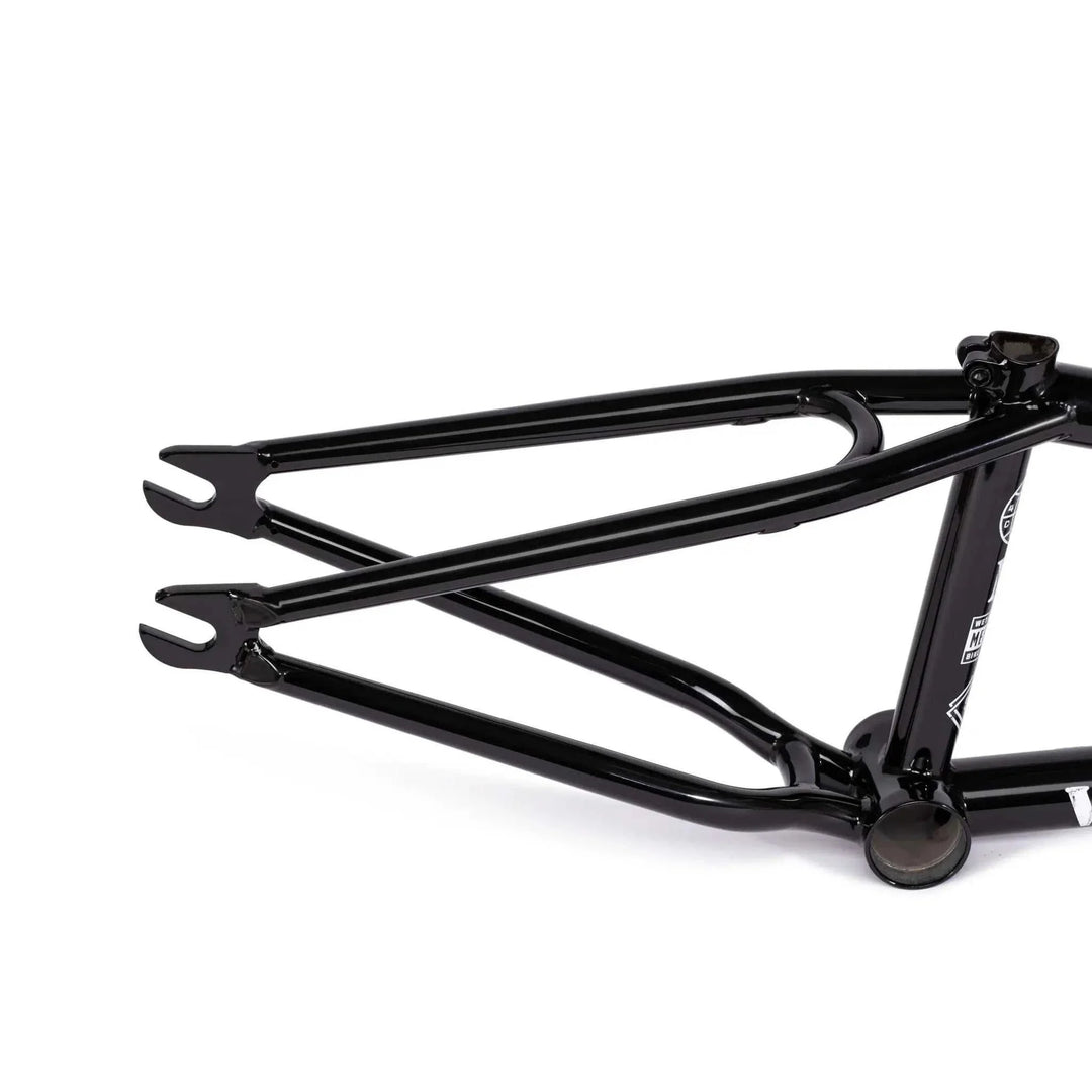 Black WETHEPEOPLE MESSAGE FRAME made from lightweight durable 4130 crmo tubing for technical BMX park riding.
