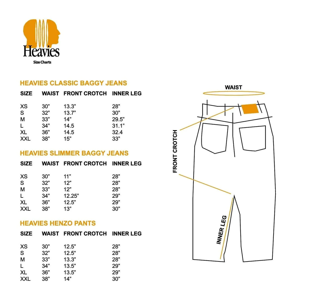 Heavies Bern Double Knee Jeans size chart with waist, front crotch, and inner leg measurements.