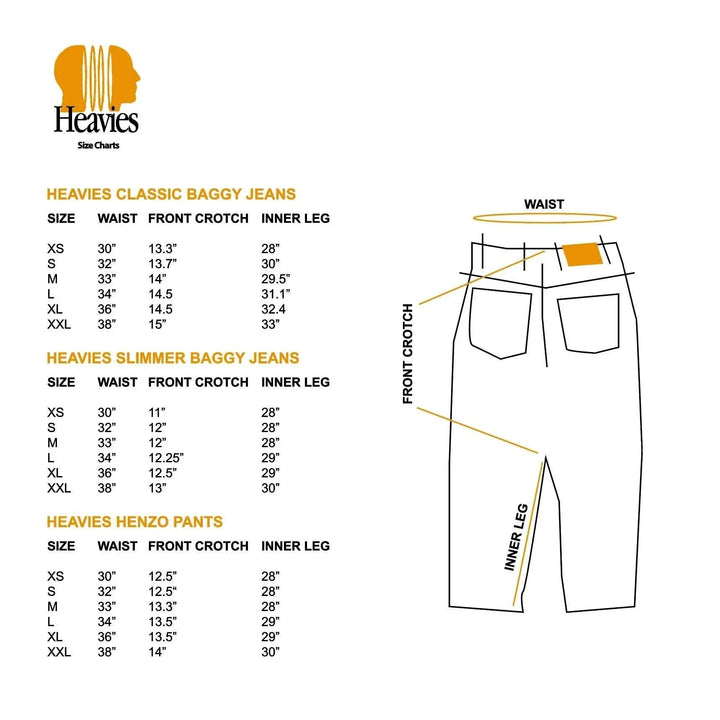 Heavies Bern Double Knee Jeans size chart with waist, front crotch, and inner leg measurements.
